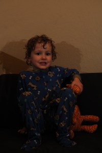 A four year old boy smiling with a stuffed giraffe on a navy sofa