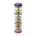 Hohner kids rainmaker rattle with clear plastic walls , multicolored balls inside, a purple top, and pink bottom