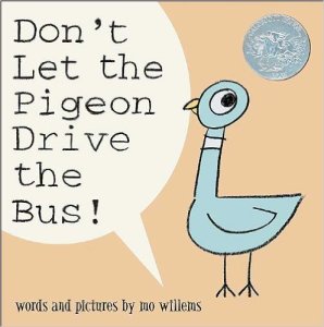 Don't Let the Pigeon Drive the Bus by Mo Willems book cover with pale blue cartoon pigeon on peach background with text bubble