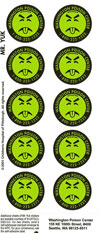 A sheet of 10 Mr Yuk poison prevention stickers showing a face made from black lines on a yellow background with tongue sticking out and eyes closed