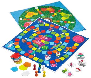 King of the Castle and Birds Nest boards shown along with assorted playing pieces from Ravensburger Four First Games set