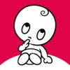 Wonder Weeks App logo featuring an infant sitting up wearing a diaper with one finger to the mouth in a thoughtful pose in cartoon drawing on hot pink background