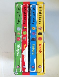 Spines of Bright Baby touch and feel books by Roger Priddy shown in slipcase