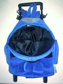 Popatu airplane trolley backpack suitcase in blue shown unzipped with black lining inside