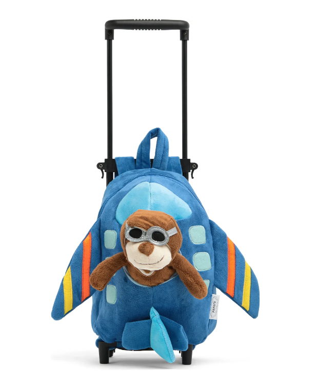 Popatu Kid-Sized rolling suitcase backpack trolley for kids blue airplane with monkey pilot