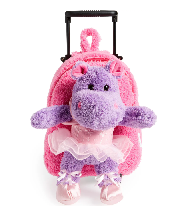 Popatu Kid-Sized Suitcase pink fluffy with purple hippo in pink tutu