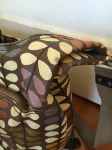 Orla Kiely baby diaper changing bag cracked material on strap handle