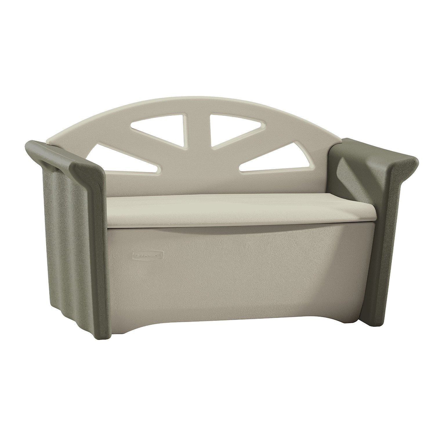 Ribbermaid outdoor patio storage bench shown with lid closed