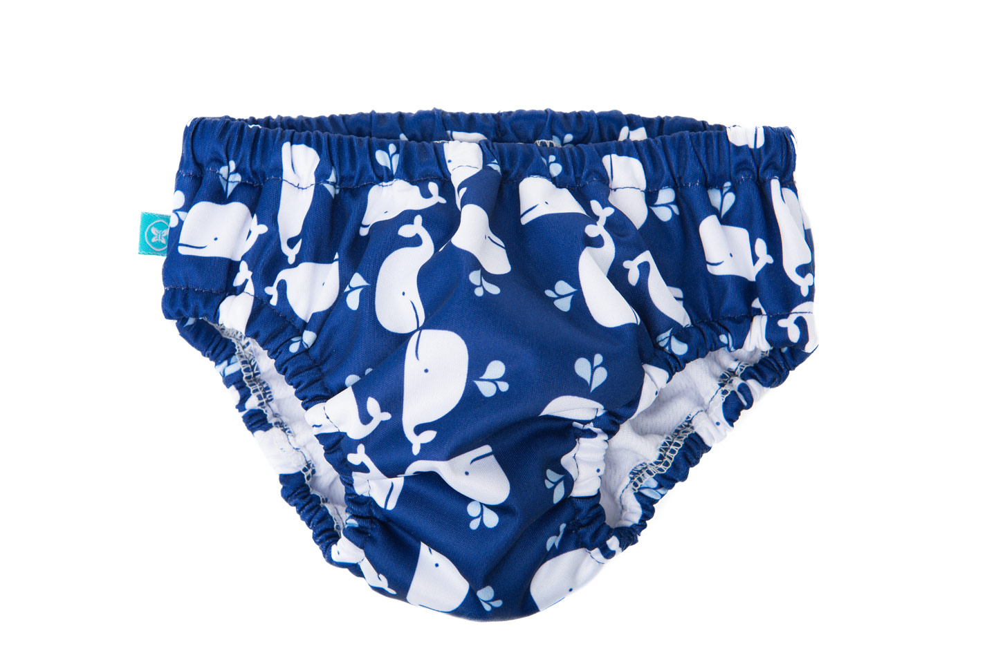 Honest Company reusable cloth swim diaper in white whale print on blue background