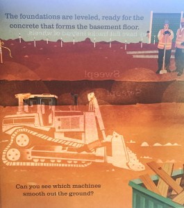 A color page with light revealing the hidden page in On the Construction Site Shine A Light book by Usborne