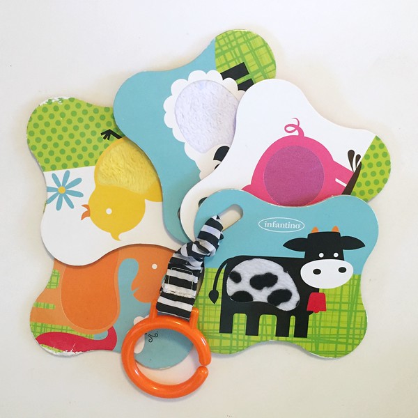 five farm animal touch and feel textured cards by Infantino shown fanned out