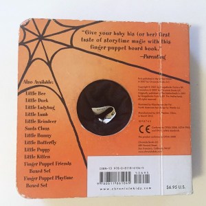 Backside of Little Spider finger puppet board book