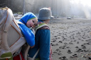 Kelty Kids FC 3.0 backpack with toddler riding and laying head down on drool pad