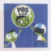 PBS kids logo with child head and thought bubble with PBS Kids written inside and two other kids pointing up at logo on blue background