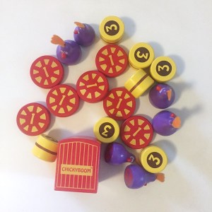 Chicky boom balancing game pieces laid out
