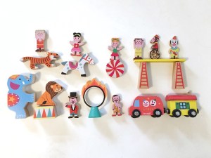 Pieces from Janod Story Box Circus laid out and arranged