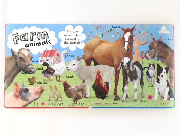 Farm animal page spread from 101 First animals board book