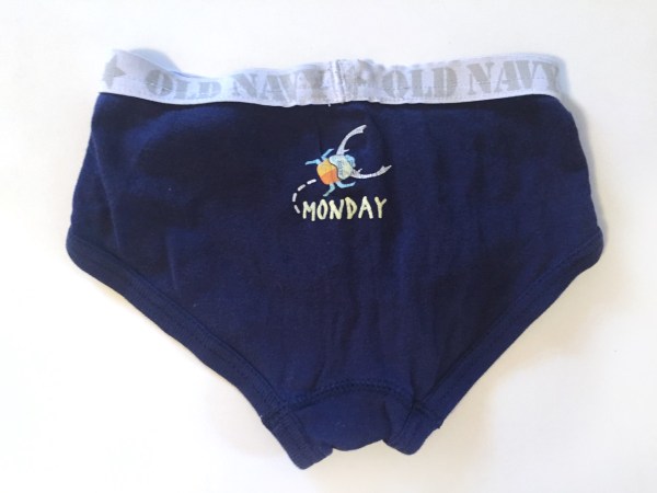 Old navy navy blue underpants for toddlers with bug and day of the week design on back