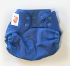Flip cloth diaper cover in blue snapped down to newborn size
