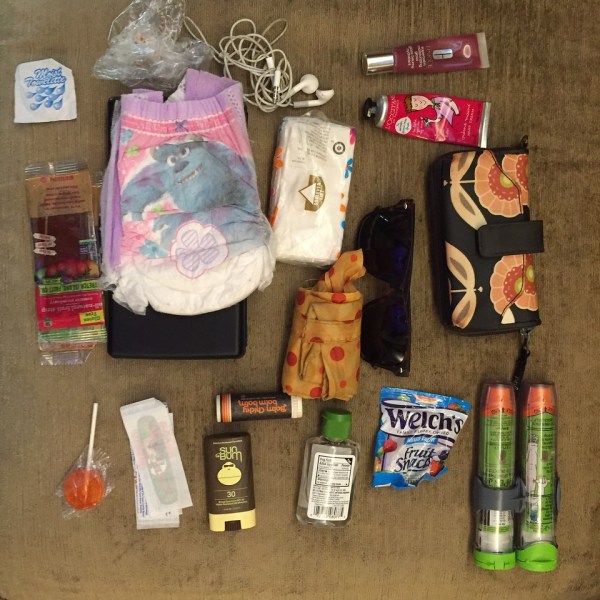 Contents of parent with young kids out of diapers laid out