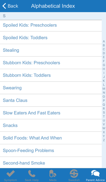 Parent advice topics from swedish kids health app