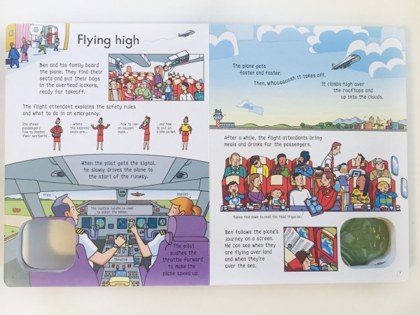 Page with story from airplane wind up book from Usborne