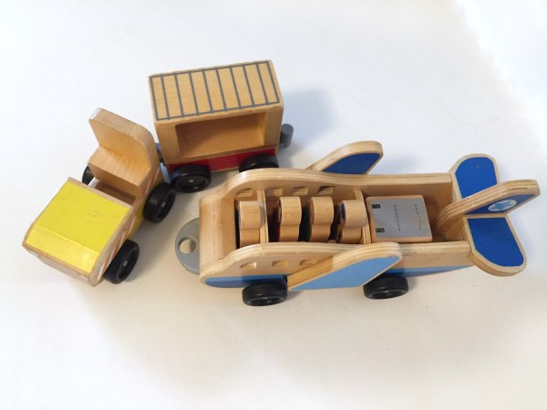 Melissa Doug whittle world airplane plat set with blue wings folded up