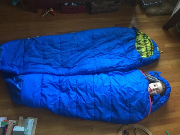 REI Kindercone next to REI Nodder sleeping bag