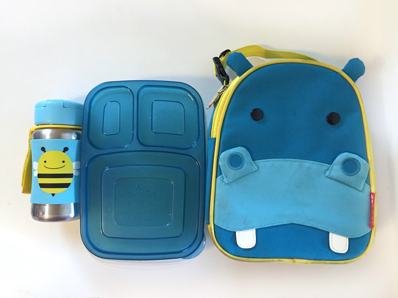 Skip Hop stainless steel water bottle with easylunchboxes bento box and skip hop zoo lunch bag