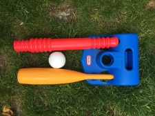 LIttle Tikes T-Ball set stored horizontally and used as tee and bat hanger