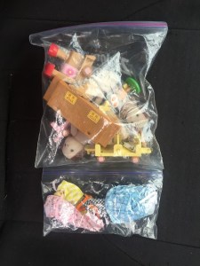 Calico Critters stored in Ziploc bag with clothes stored in snack size bag