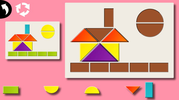 Tangram Mania app for kids screenshot of house shape puzzle