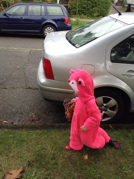 Toddler in pink fox homemade fuzzy costume with hood