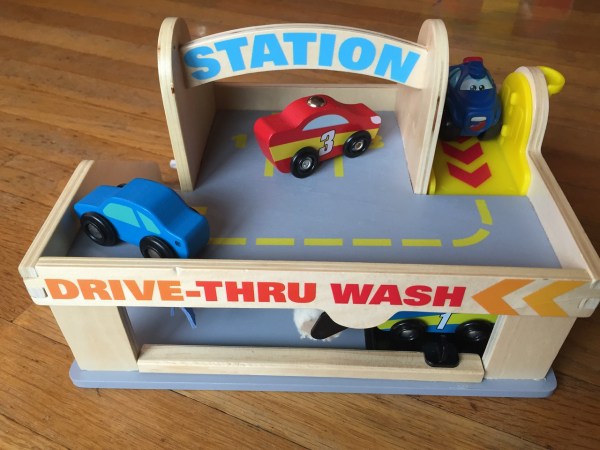 Melissa and Doug Service Station Car Wash gas parking garage with elevator with other cars not included in set