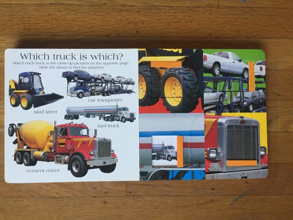 Slide and FInd trucks page spread with moving flaps