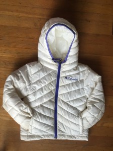 Columbia Kids Powder Lite girls puffer jacket white with purple trim hood front pockets
