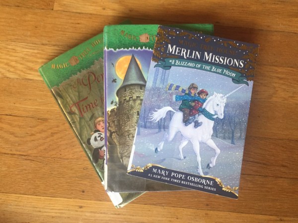 Magic Tree House Merlin Mission series book 8 30 and 48 in a staggered stack