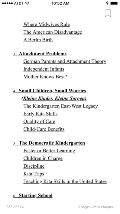 Table of contents from Sara Zaske's Achtung Baby parenting German book