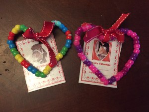 Homemade kid valentines cards plastic beads on pipe cleaners with printed horse themed cards