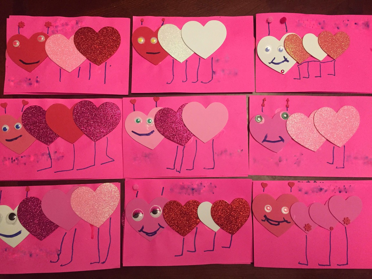 Heart caterpillars homemade kid valentines cards heart shaped