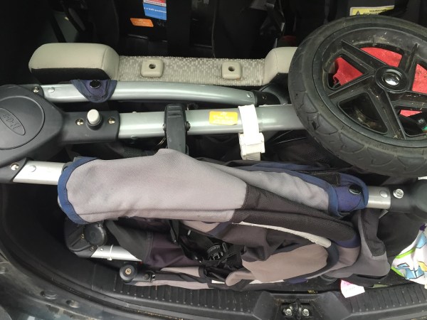 BOB Motion stroller folded into back of Mazda 5 microvan