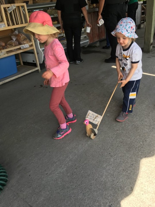 Two small kids walking wooden duck push toy on stick with pink head in outdoor market