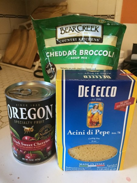 Food items on counter for donation to food bank