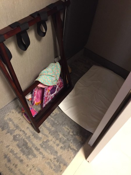 JetKids BedBox mattress on floor of hotel closet