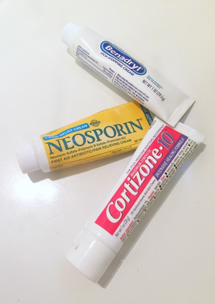 Benadryl bug bite itch cream Neosporin first aid cream Cortizone hydrocortisone cream