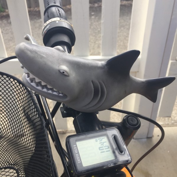 Sunlite Squeeze Horn in Shark shape installed on kids bike for bell honk