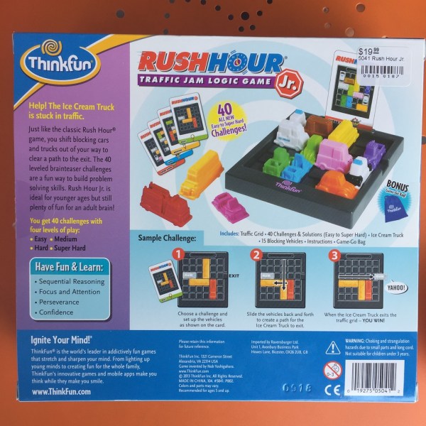 Rush Hour Junior ThinkFun games logic puzzle for kids back of box with instructions and example
