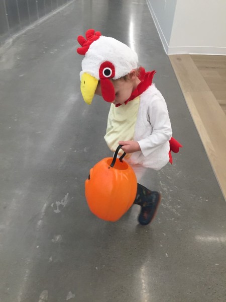 Child in chicken costumer carrying plastic pumpkin bucket Halloween