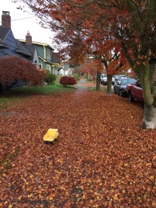 Tonka yellow dump truck on sidewalk covered in fallen leaves autumn fall