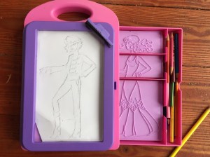 Melissa and Doug Fashion Design Studio Rubbing Plate Art Activity Kit with extra colored pencils and storage drawer for plates underneath